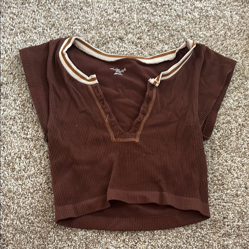 Brown Ribbed V-Neck Top